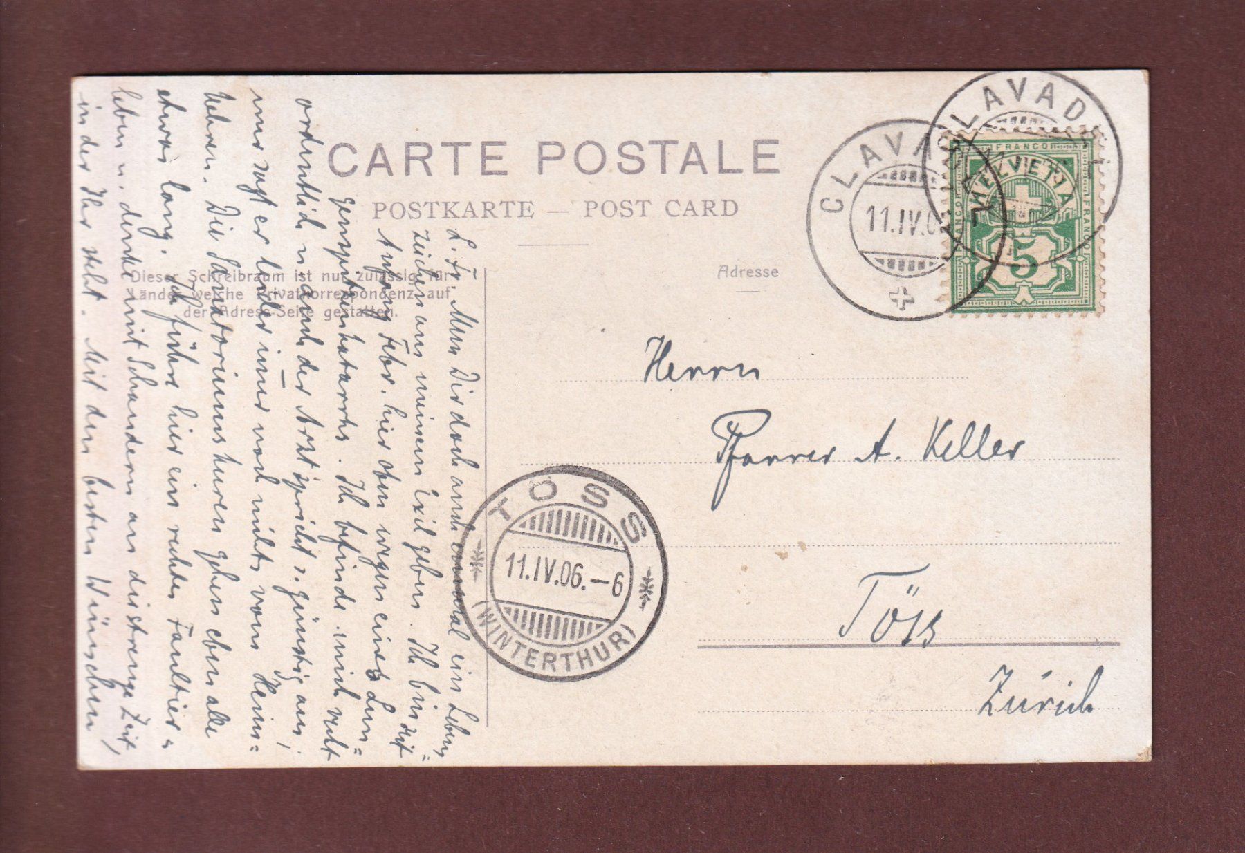 Ansichtskarten: DAVOS - CLAVADEL - 1906 – Gebraucht aus Pully von nicecards 1