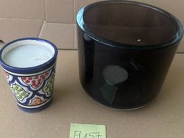 Kerzenhalter 2 Stück bemalter Keramik und Glas dunkel A157