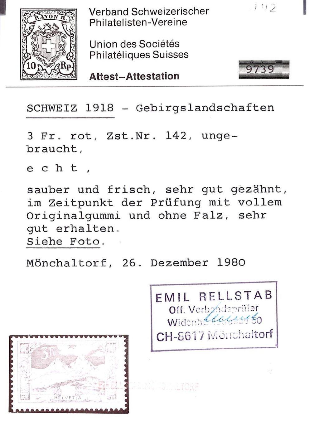 Alle Briefmarken: # 10 --- MYTHEN MIT ATTEST POSTFRISCH – Neu (gemäss Beschreibung) aus Dübendorf von Piero2 1