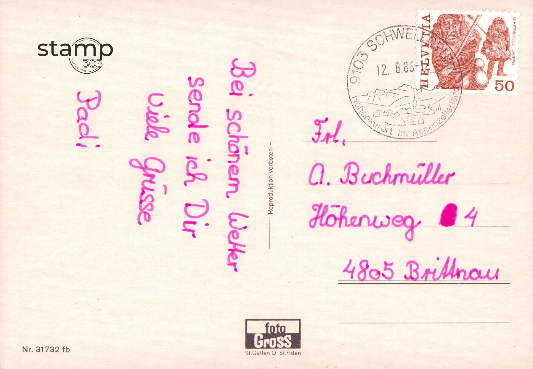 Cartoline postali: 1986 AK Schwellbrunn _ Kurort – Usato da Eggersriet venduto da stamp303 1