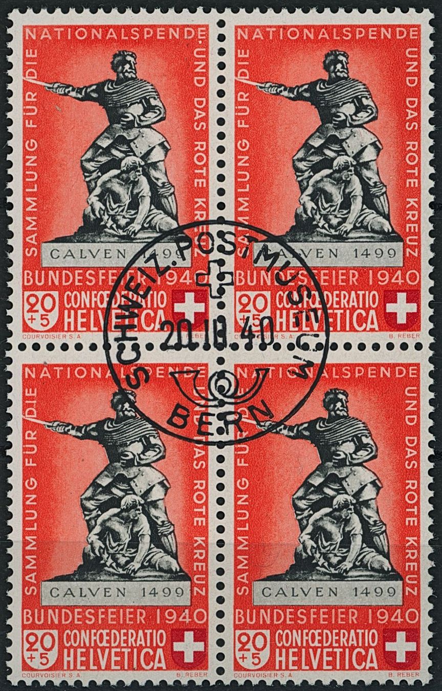 Alle Briefmarken: 1940  Pro Patria - Viererblock - Ersttag ET - "die hellrote" – Gebraucht aus Schindellegi von leecollect