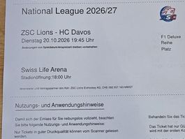 2x Sitzplätze ZSC Lions vs HC Davos, 20.10.26, F1 Deluxe