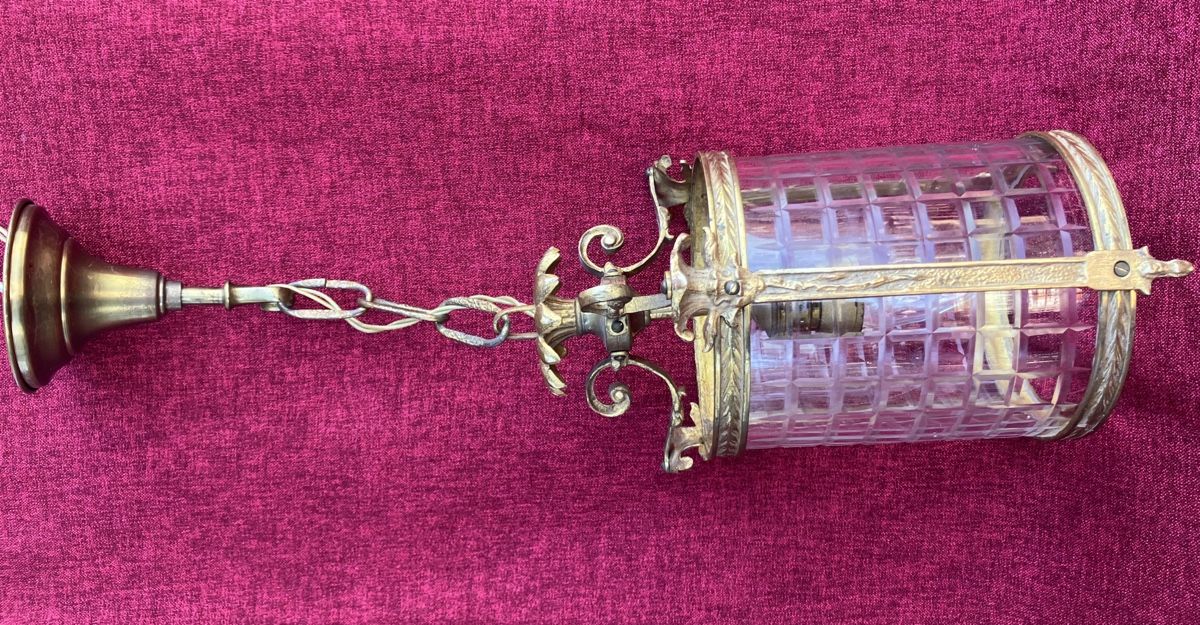 Lampadari & plafoniere: Jugendstil Messing Deckenlampe mit geschliffener Kristalglas – Usato da Zürich venduto da Artnuvo 1