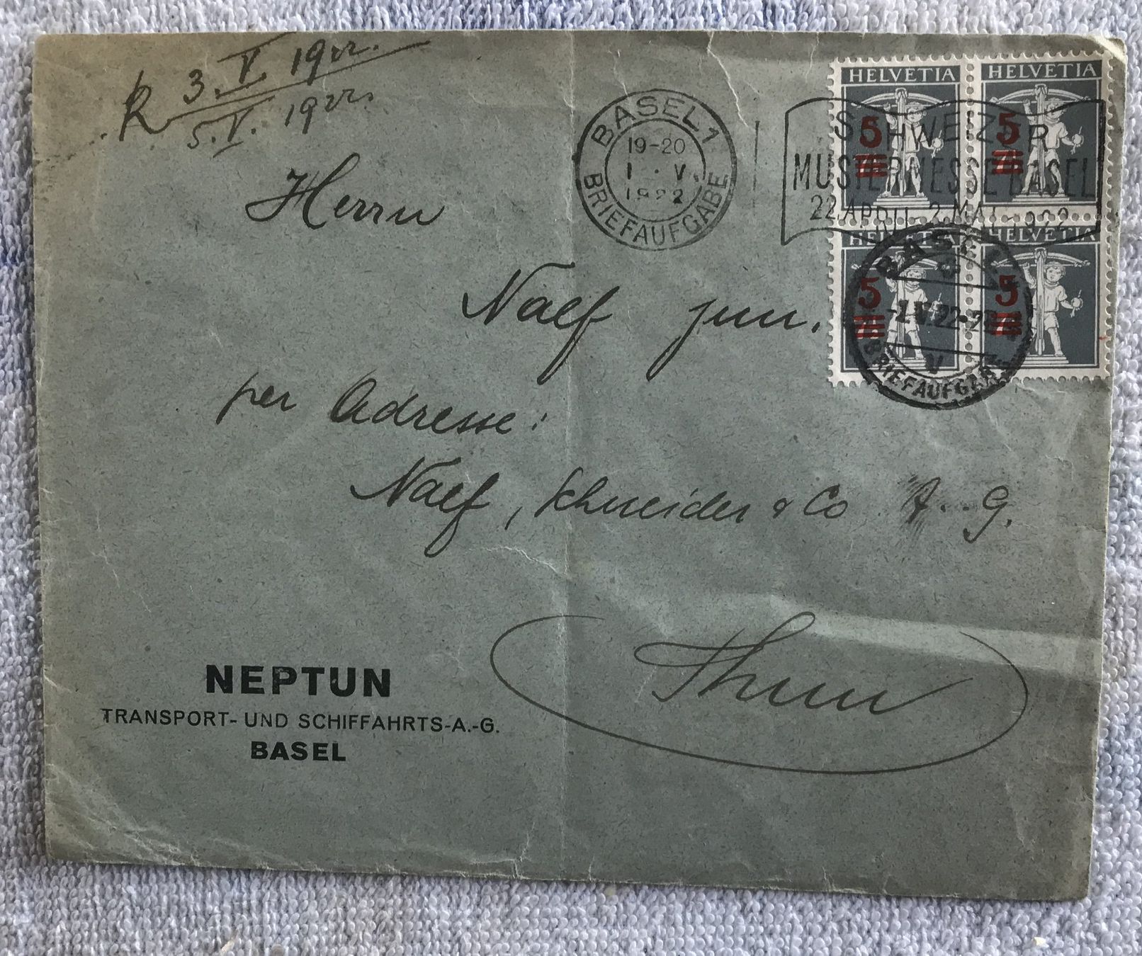 Tutti i francobolli: ALTER BRIEFUMSCHLAG VEPTUN BASEL 1922 – Usato da Ostermundigen venduto da wini63