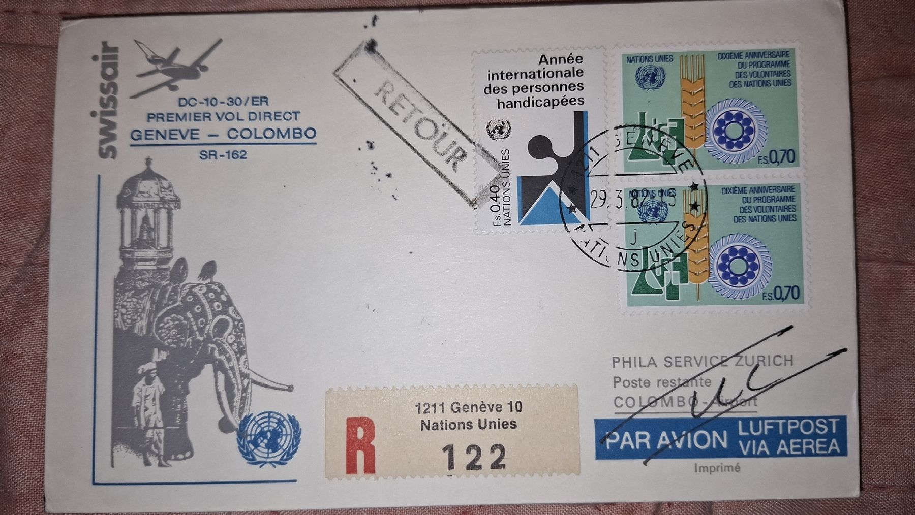 Tutti i francobolli: Swissair Geneve - Colombo 29.03.1982 – Usato da Balgach venduto da SIMEON27