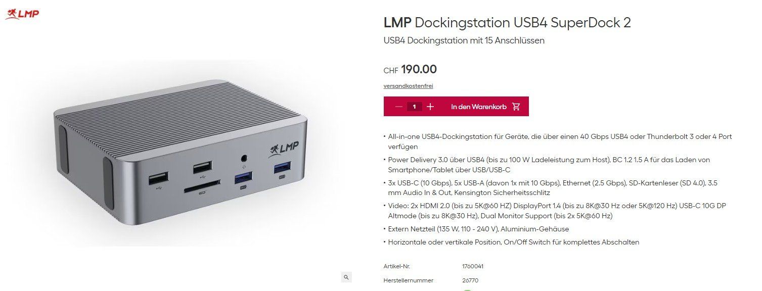 Docking station: LMP Dockingstation USB4 SuperDock 2 – Nuovo (secondo la descrizione) da Lugano venduto da pandux24