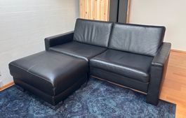 Echtleder Sofa mit Hocker schwarz