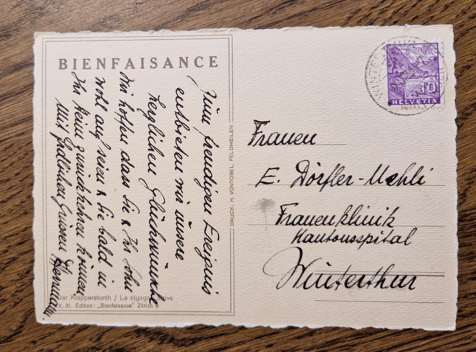 Ansichtskarten: Klapperstorch, Grtulation z. Geburt, Dörfler Winterthur 1936 – Gebraucht aus Ebikon von Donar50 1