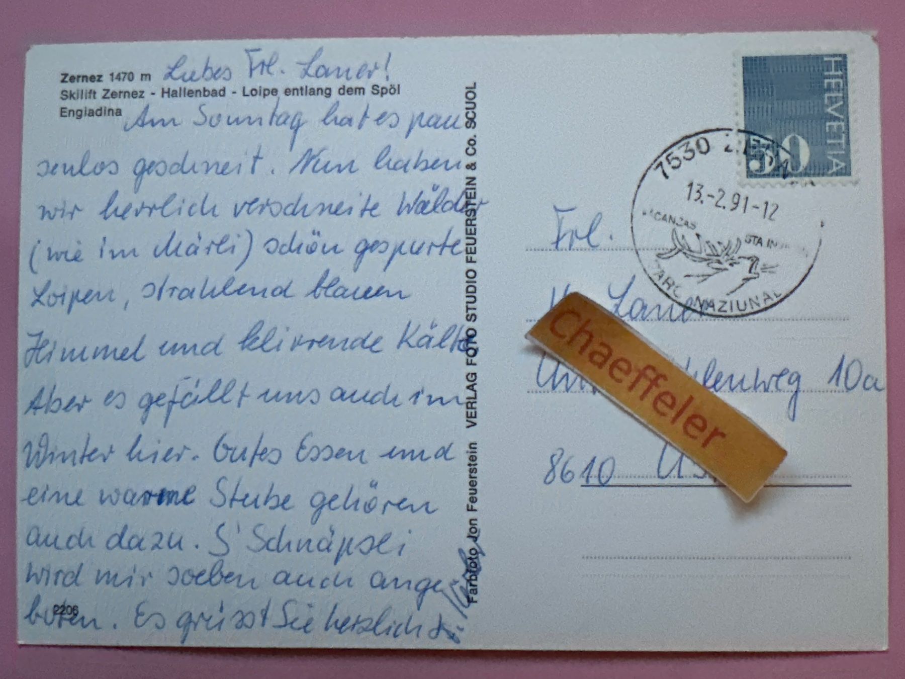 Cartes postales: 1991 Zernez, Skilift Zernez – D'occasion à Zürich par Chaeffeler 1