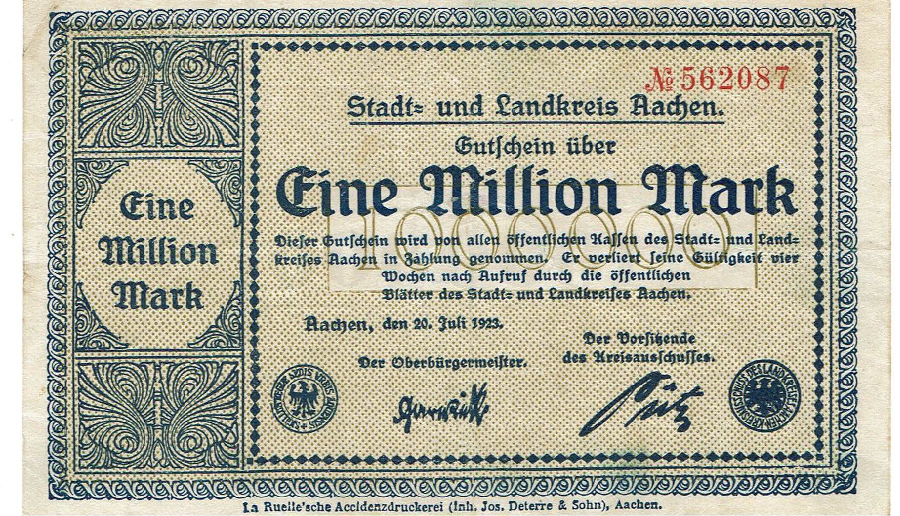 Banconote: Aachen 1 Mil.Mark 20.07.1923 VZ+-VZ++ – Usato da Steffisburg venduto da ber_8htf