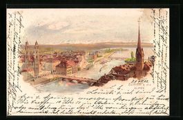 Litho Zürich, Stadtansicht mit den Alpe