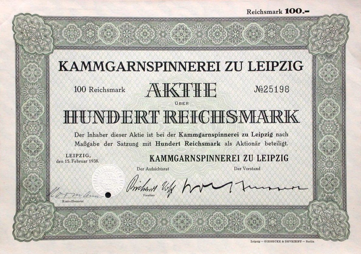 Dokumente: Kammgarnspinnerei zu Leipzig, Leipzig - 1938 – Gebraucht aus Solothurn von Sgasche