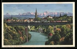 Bern, Panorama mit Brücke, Eiger und Ju