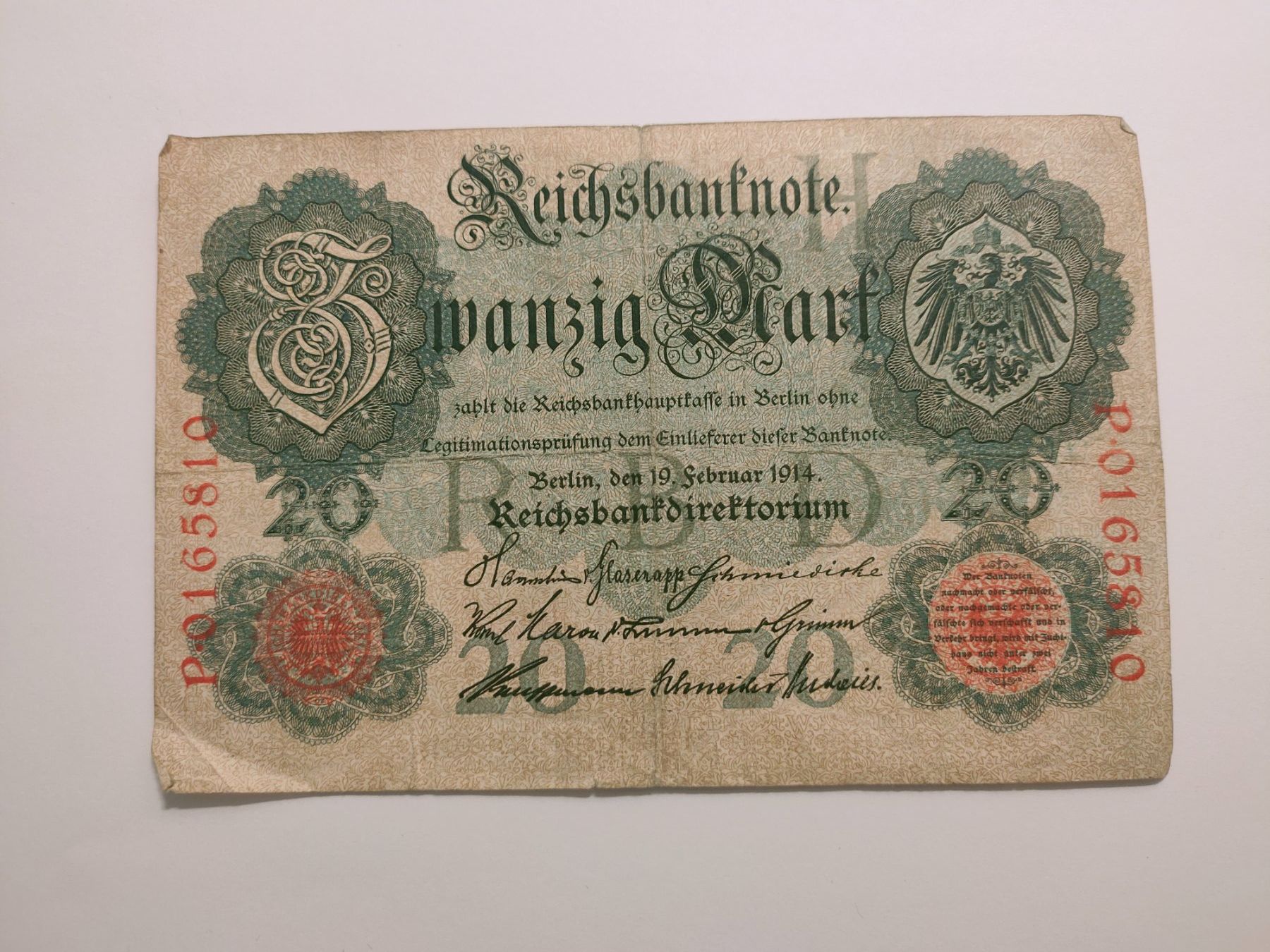 Banknoten: Reichsbanknote, 20 Mark, 1914, Berlin, Historisch – Gebraucht aus Zürich von Joer