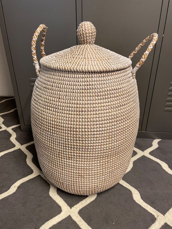 OIAHOMY Extra Großer Deckenkorb Aus Baumwollseil – 90 Liter, 61x41x35 Cm, Braun-schwarz Gewebt