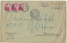 ZÜRICH 5  06.02.15  Brief n. Herrliberg (3erstreifen) [L28]