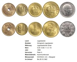 Jugoslawien Serbien 1938, Komplettsatz ohne Silber