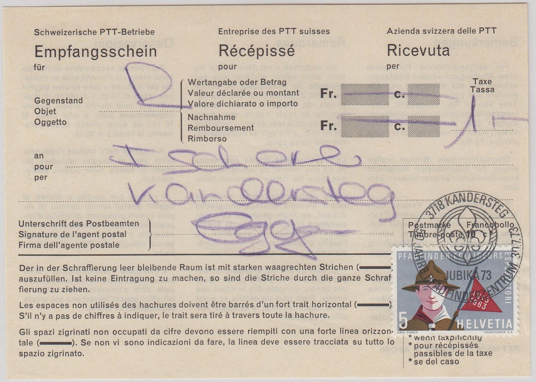 Tutti i francobolli: Pfadfinder: PTT-Formular "Empfangschein" Marke+Sonder-Stp. – Usato da Luzern venduto da philexpoCH