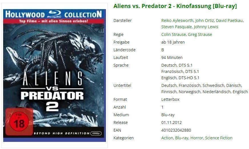 Tutti i DVDs: Aliens vs. Predator 2 - Bluray – Usato da Buchrain venduto da Sssschaller