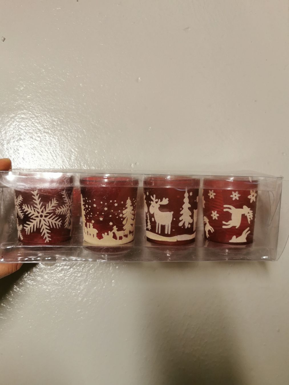 Portacandele: 4 Winter-Teelichthalter, rot mit Wintermotiven – Usato da Mönchaltorf venduto da DiaPG 1