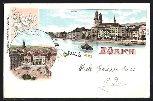 Ansichtskarten: Litho Zürich, Paradeplatz, Teilansicht  – Gebraucht aus Berlin von bartko-reher