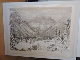 Lithographie aus dem Graubünden vl. Davos? vl.St. Moritz?