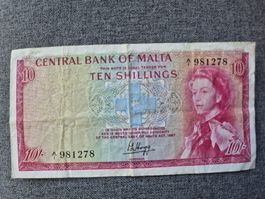 Malta 10 Shillings Banknote 1967 guter Zustand