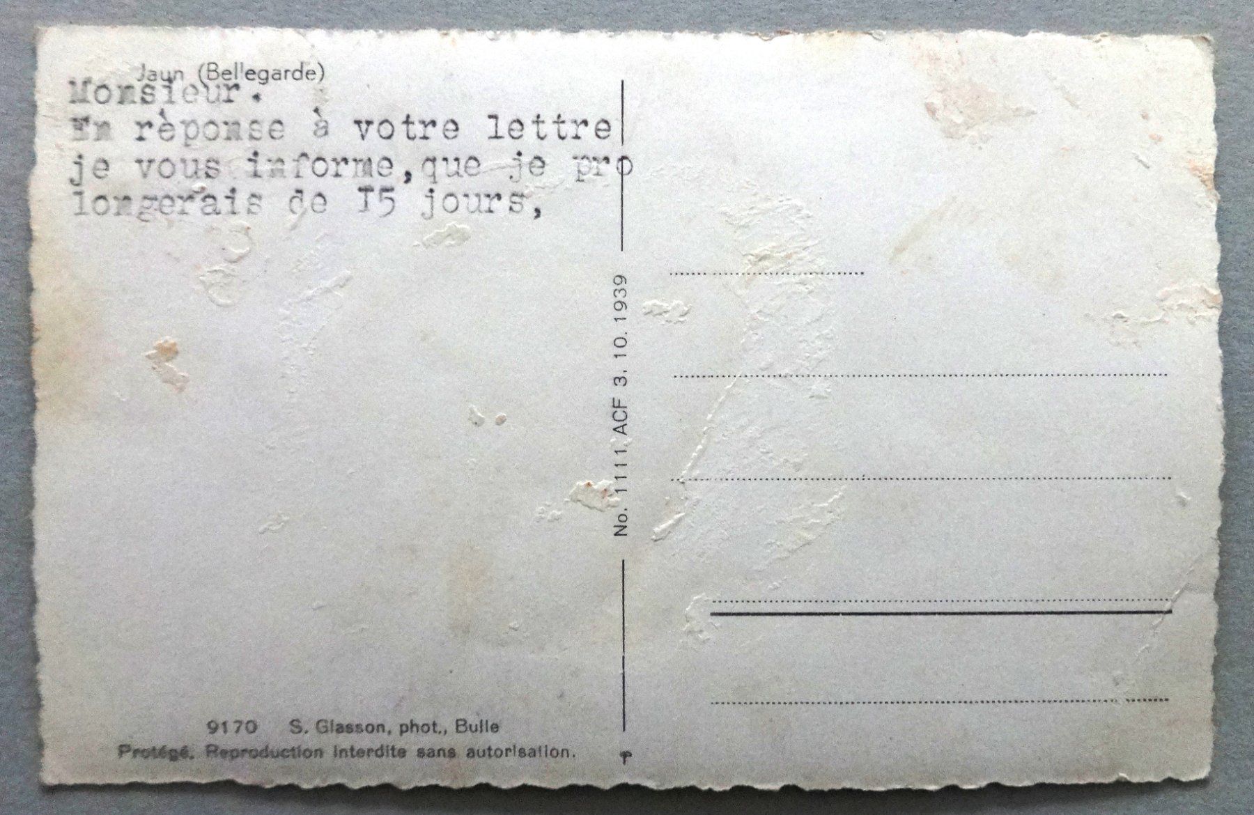 Cartoline postali: Jaun (Bellegarde) – Difettoso da Fétigny venduto da Billy2miny 1