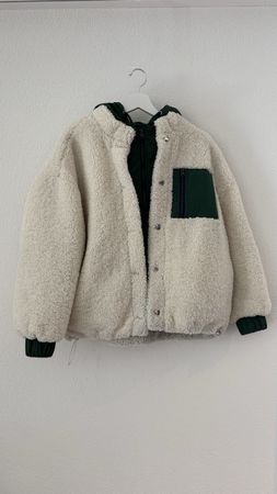 Zara Teddy Fleece Jacke weiss dunkelgrün 