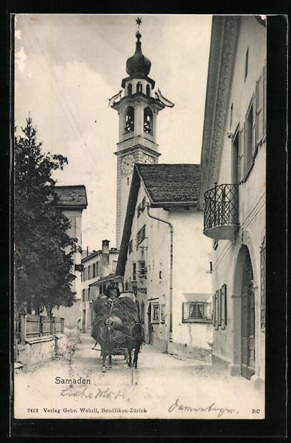 Cartoline postali: Samaden, Strassenpartie mit Turm und Pfe – Usato da Berlin venduto da bartko-reher