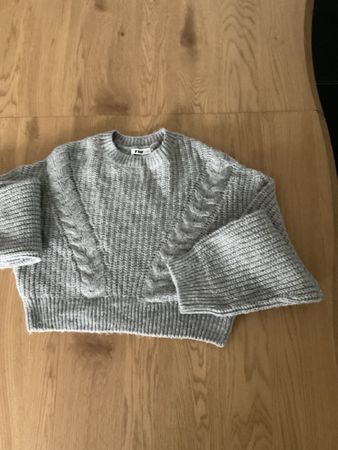 Damen Pullover grau Zopfmuster grob gestrickt kurz Gr.XS