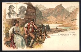 Litho Appenzell, Paar in Tracht sitzt vo