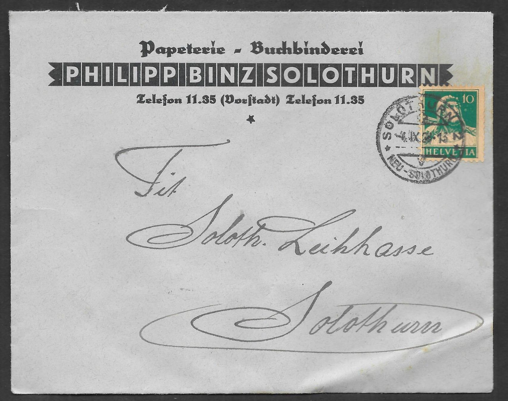 Alle Briefmarken: Solothurn Bedarfsbrief Papeterie Buchbinderei Binz 4.9.1929 – Gebraucht aus Olten von clotaldi
