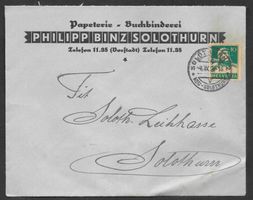 Solothurn Bedarfsbrief Papeterie Buchbinderei Binz 4.9.1929