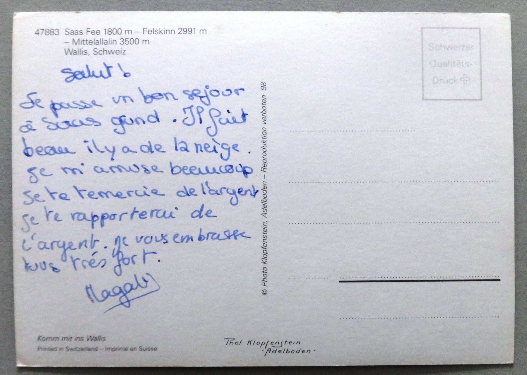 Cartoline postali: Saas-Fee – Usato da Fétigny venduto da Billy2miny 1