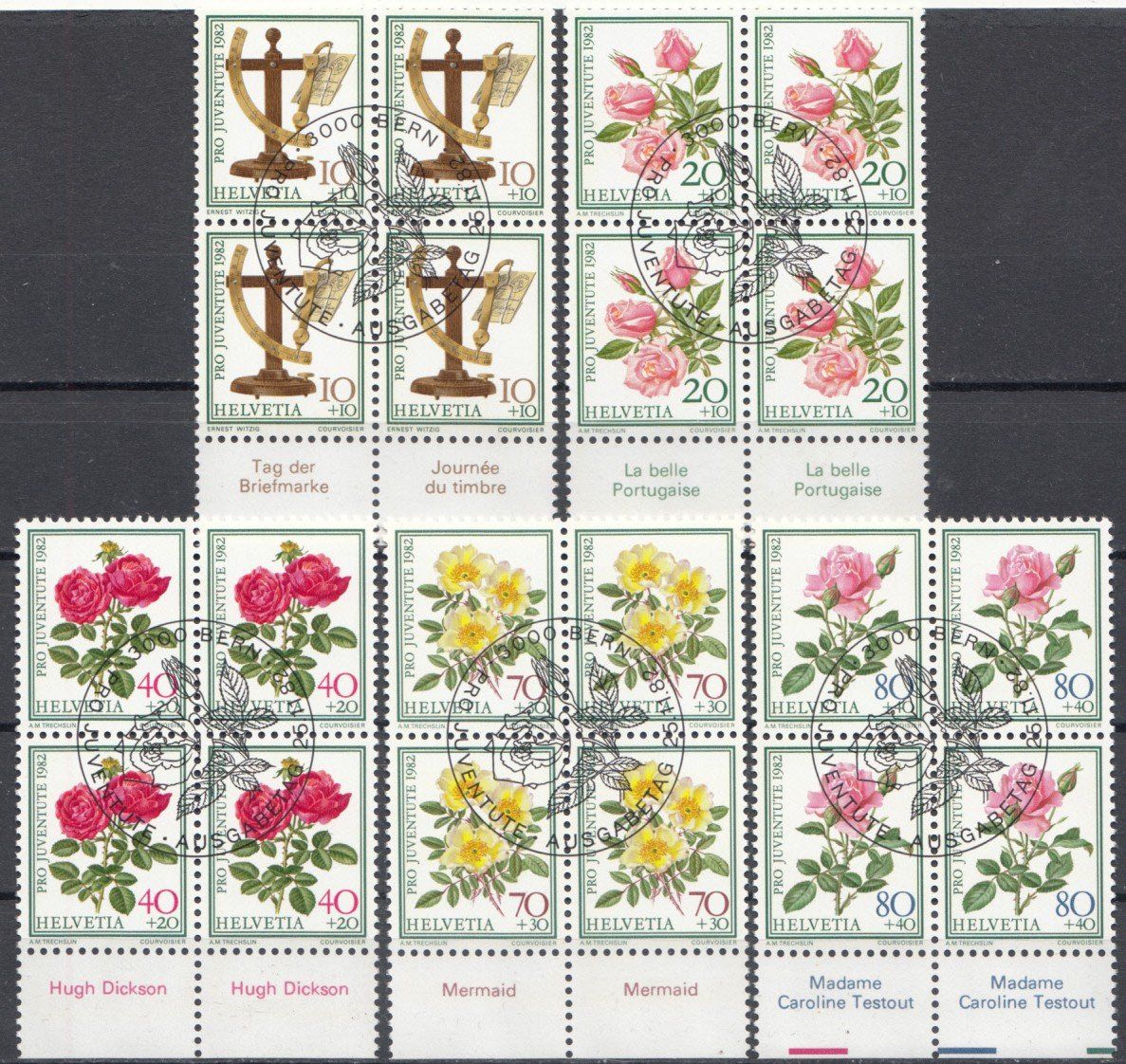 Alle Briefmarken: SBK J281 - J285 im 4er-Block mit ET, mit Tabs – Gebraucht aus Bürglen TG von StampGraf
