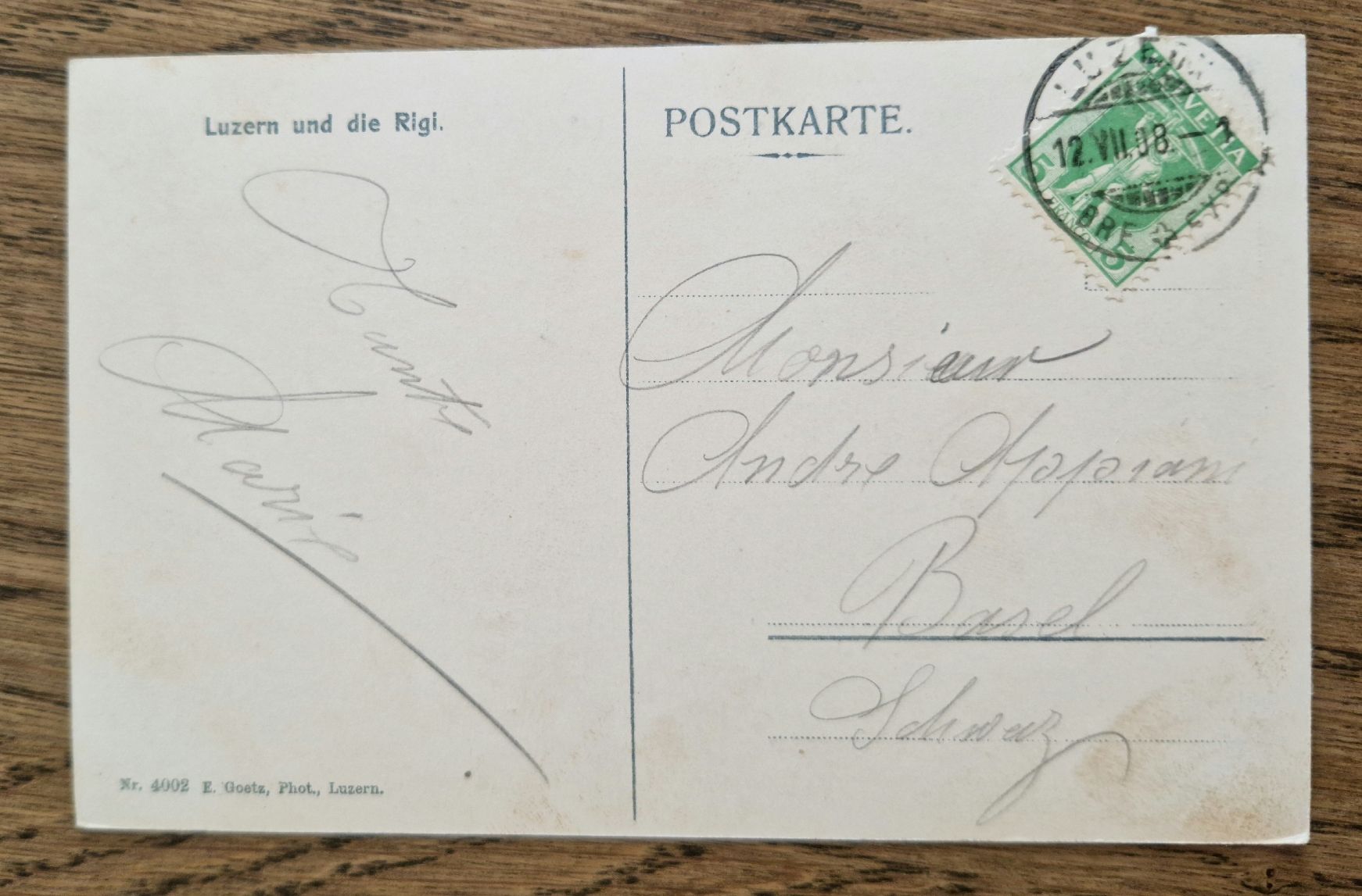 Cartoline postali: Luzern 1908, n.Basel z. André Appiani – Usato da Ebikon venduto da Donar50 1