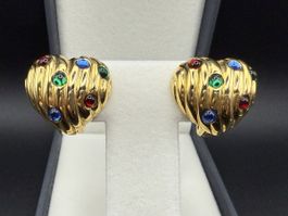 Vintage Goldfarbene Herzohrringe mit bunten stein