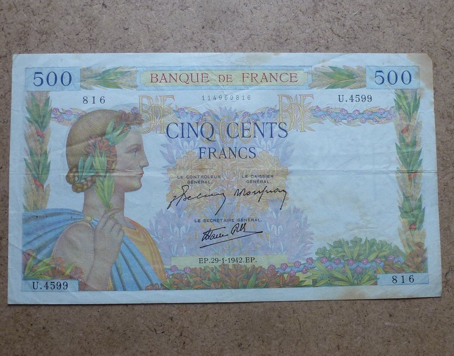 Banknoten: Frankreich ++ 500 Francs 1942 – Gebraucht aus Walkringen von Casablanca777