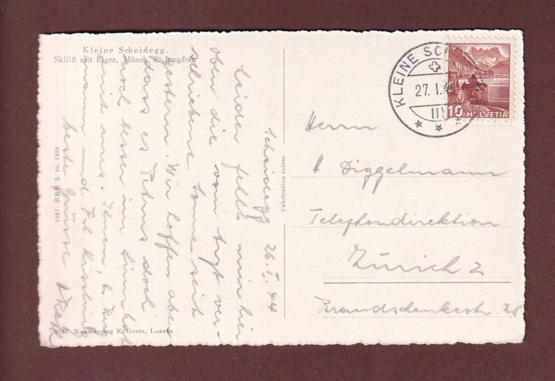 Cartoline postali: KLEINE SCHEIDEGG - Skilift - 1944 – Usato da Pully venduto da nicecards-shop 1