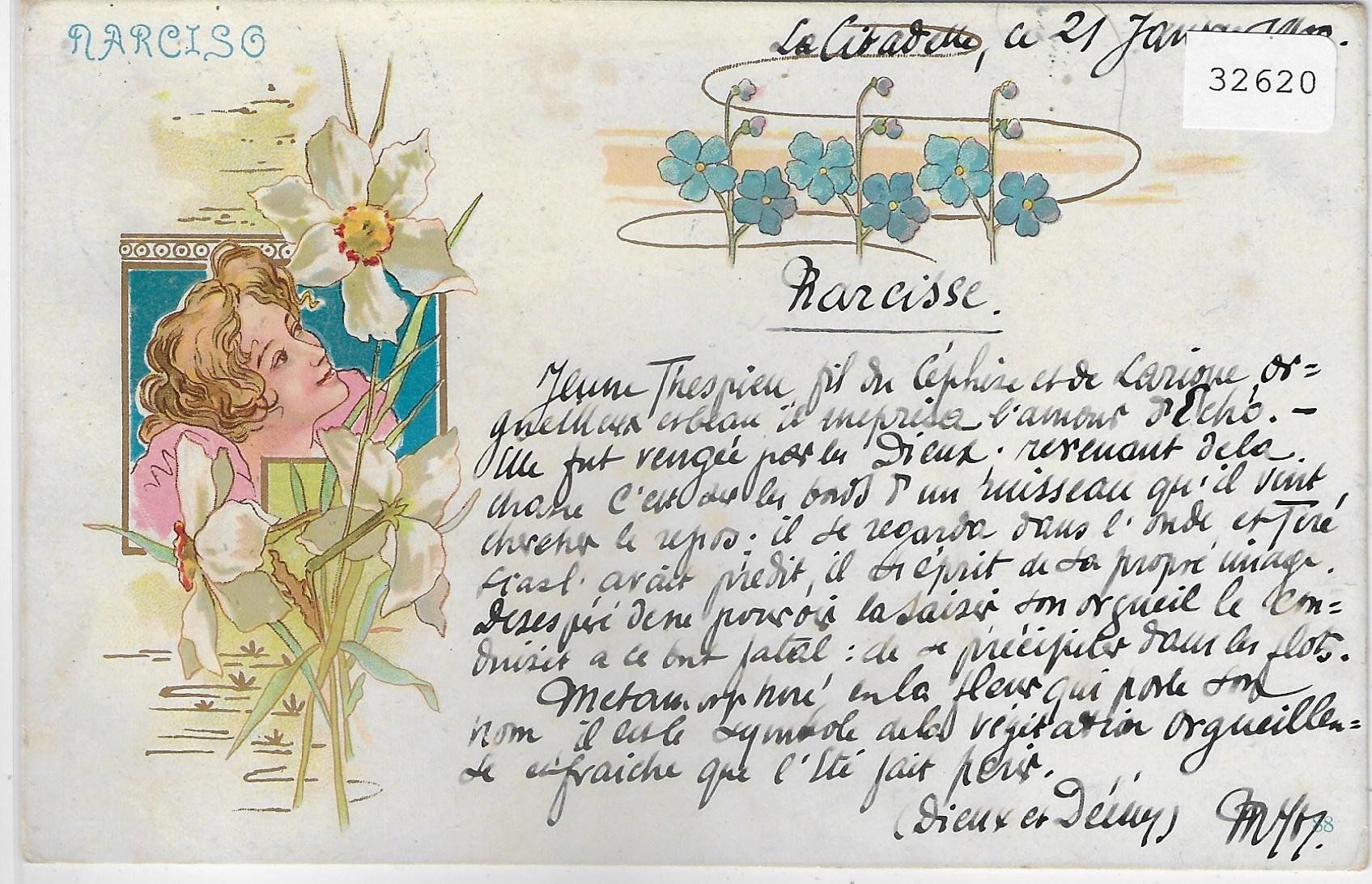 Cartoline postali: Narcise - Jugendstil-Karte mit Dame - Litho – Usato da Ettingen venduto da Kartenplanet