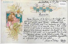 Narcise - Jugendstil-Karte mit Dame - Litho