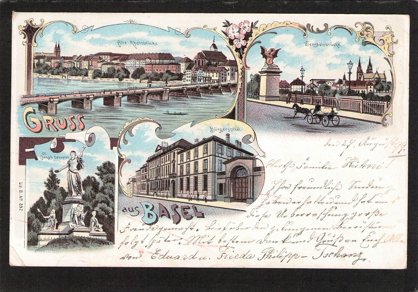 Ansichtskarten: Lithografie Gruss aus Basel , gel. 1899 – Gebraucht aus Reichenburg von Pipo-67