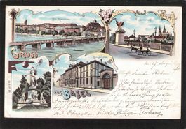 Lithografie Gruss aus Basel , gel. 1899
