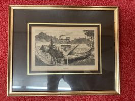 Antiker Eisenbahn Stich "Töbelibrücke" 1850