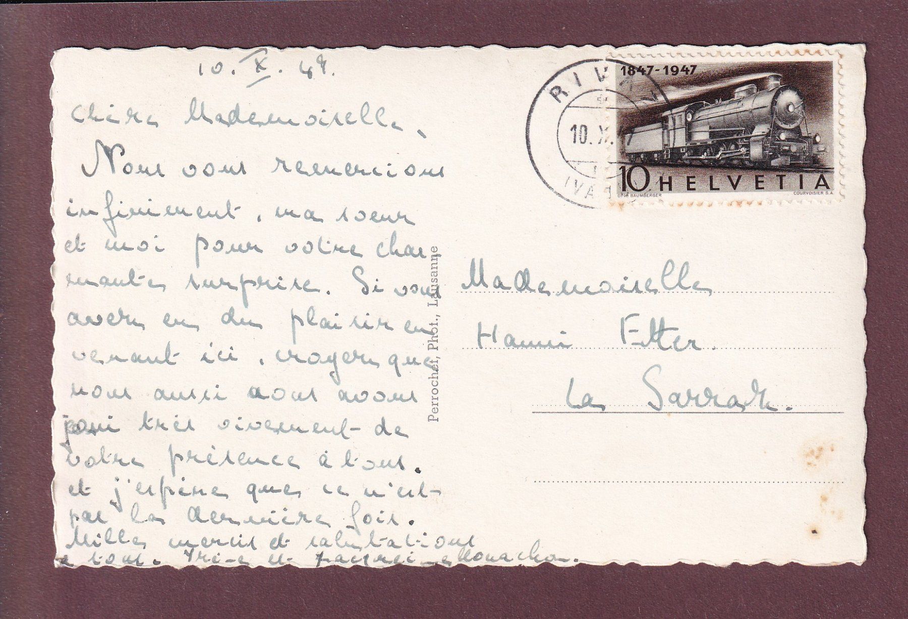 Ansichtskarten: RIVAZ - 1947 – Gebraucht aus Pully von nicecards 1