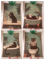 Lot de 4 affiches - Chat noir - humour toilettes bain
