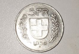 Schweizer Silbermünze 5 Franken 1939 B gut erhalten