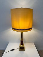 Vintage Tischlampe Messing & Holz mit Stoffschirm, H 95 cm