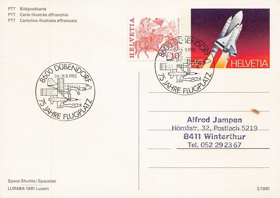 Cartoline postali: Space Shuttle Stempel 75 Jahre Flugplatz Dübendorf 1985 – Usato da Frauenfeld venduto da POML 1